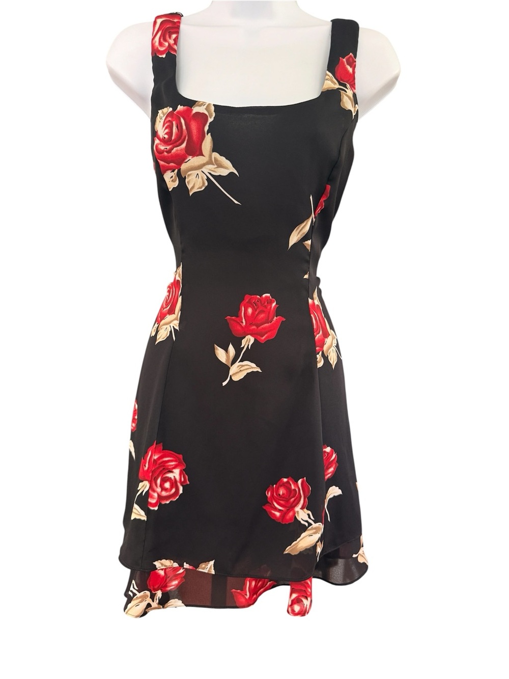 Steppin' Out Black Mini Dress with Red Rose Print